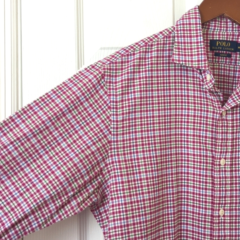 Polo Ralph Lauren Plaid Slim Fit Long Sleeve Button Down Shirt Hot Pink Medium - Picture 6 of 11
